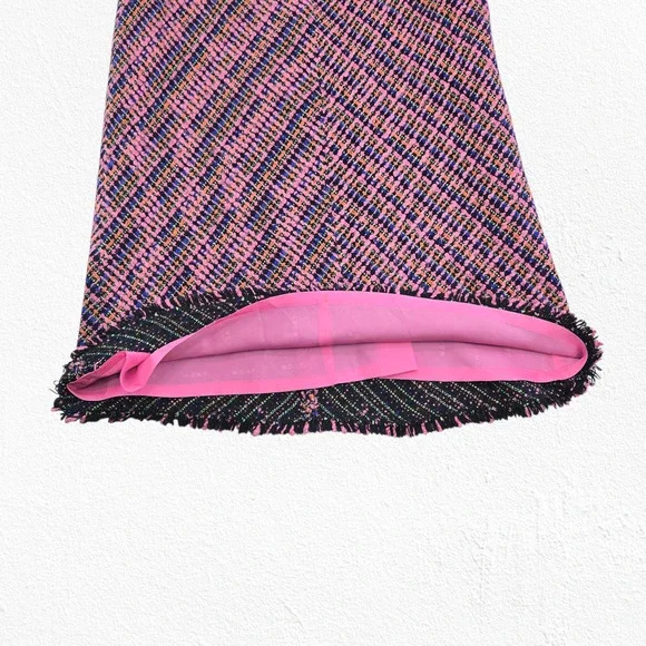 Y2K Pink Tweed Fringe Skirt W.D.N.Y. Silk Blend A-Line Knee Length Skirt Size 8 - Picture 7 of 10